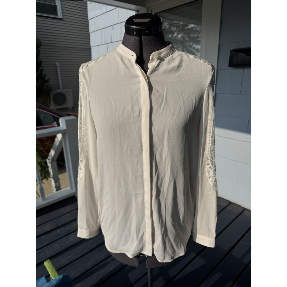 The Kooples Women's S Ecru Ivory Lace Sleeve Polycrepe Blouse Top NWT $240